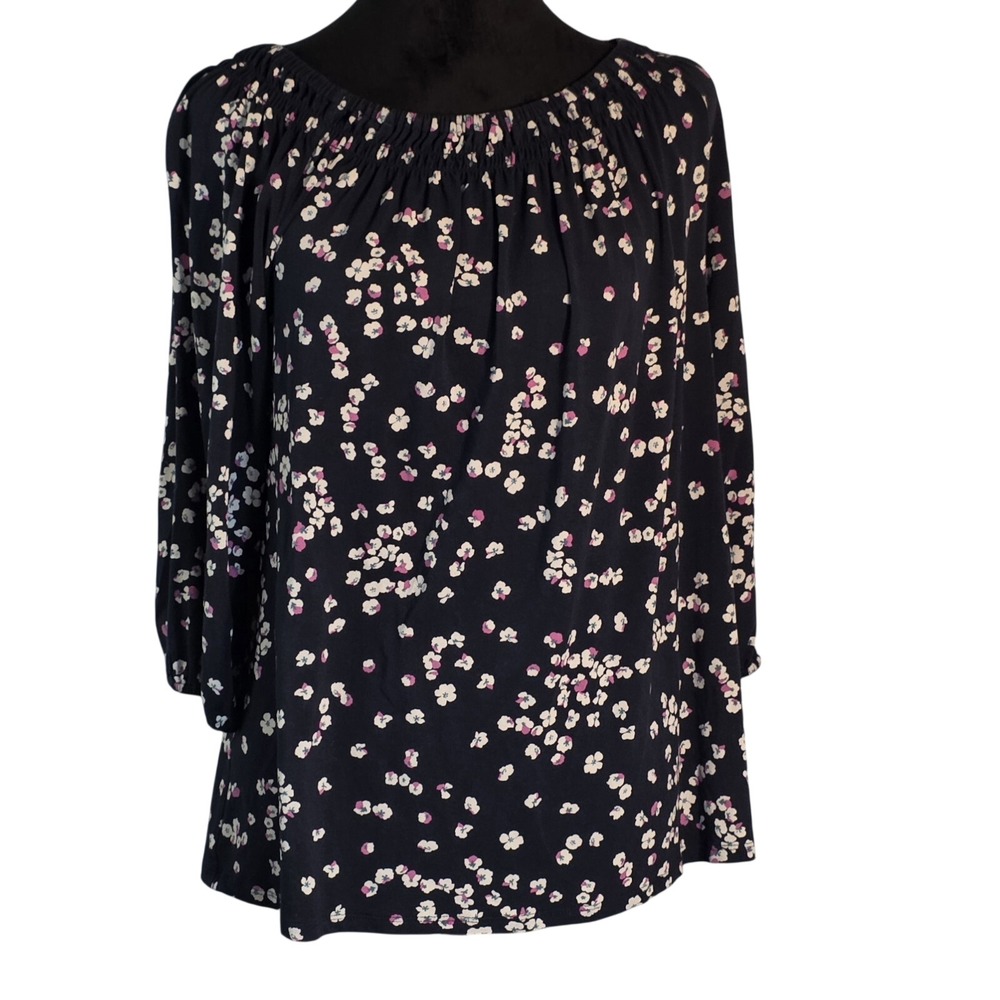 J.Jill Weaver Collection Floral Peasant Blouse Womens M Navy Elastic Neck Boho